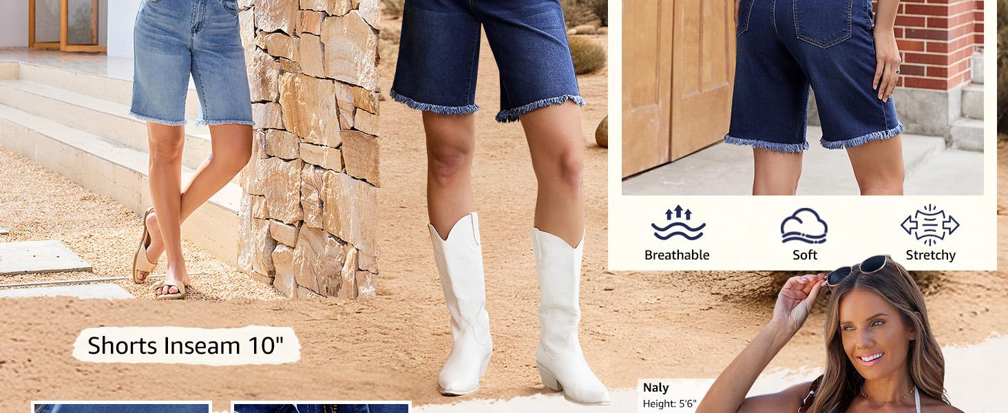 luvamia Jean Bermuda Shorts for Women Trendy Mid Rise Raw Hem Knee Length Stretchy Denim Long Shorts Summer Casual Jorts