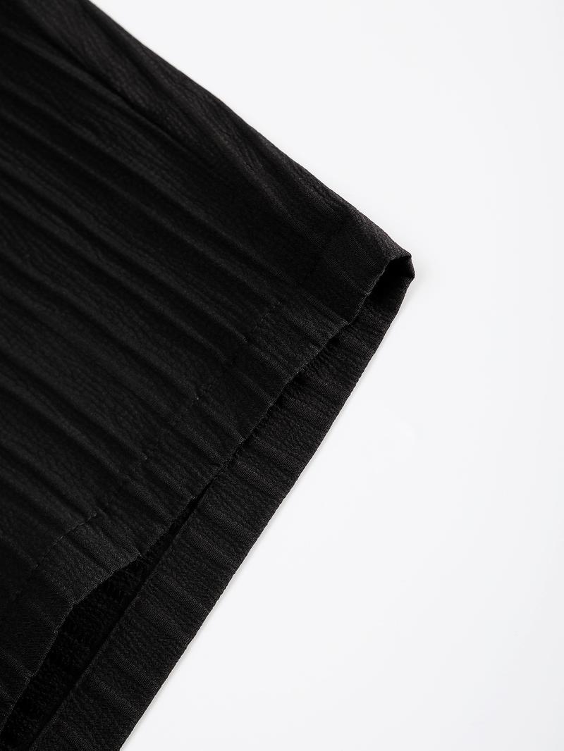 Men's All-Black Vertical Texture 2-Piece Casual Set - Long-Sleeve Button-Up Shirt + Elastic-Waist Pants, Lightweight Drapey Fabric, Relaxed Loose Fit, Minimalist Sophisticated Design, Perfect forOutdoor Brunch, Urban Office Commutes, Café Meetings & Casua