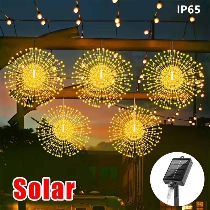 Smart Solar Hanging Firework Lights, 5-Piece Set, 8 Modes with Remote Control, Copper Wire Lanterns, Garden Decor, Celebrations, Weddings