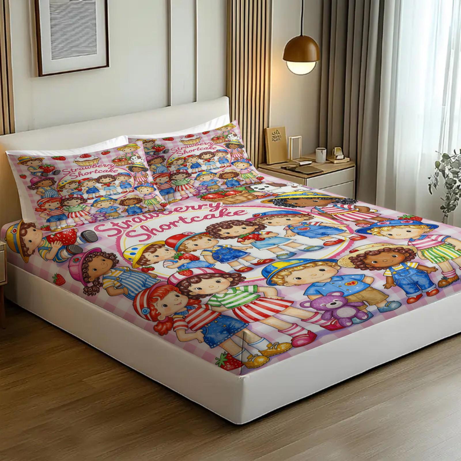 Strawberry Sweetheart Fitted Sheet Set and 2 Pillowcases No Core, Pink-White Checkered, Vintage Hand-Drawn Dessert Party Design, Soft Anti-Slip Bedding, Fairy Tale Girls Room, Kids Room Decor, Gift Choice