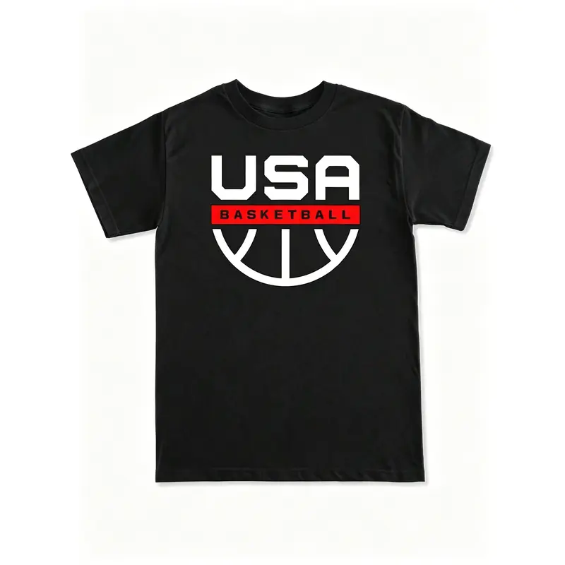 Men's USA Basketball Graphic Crew Neck T-Shirt - Black With Red & White Print, Soft Breathable Fabric, Regular Fit Short Sleeve Tee For Casual Wear