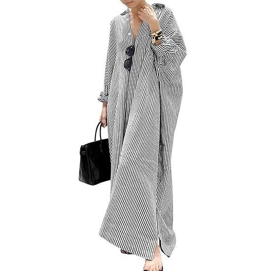utcoco women's spring and autumn striped long-sleeved dress casual loose cotton shirt dress Maxi Button teacher outfits SpringStatements