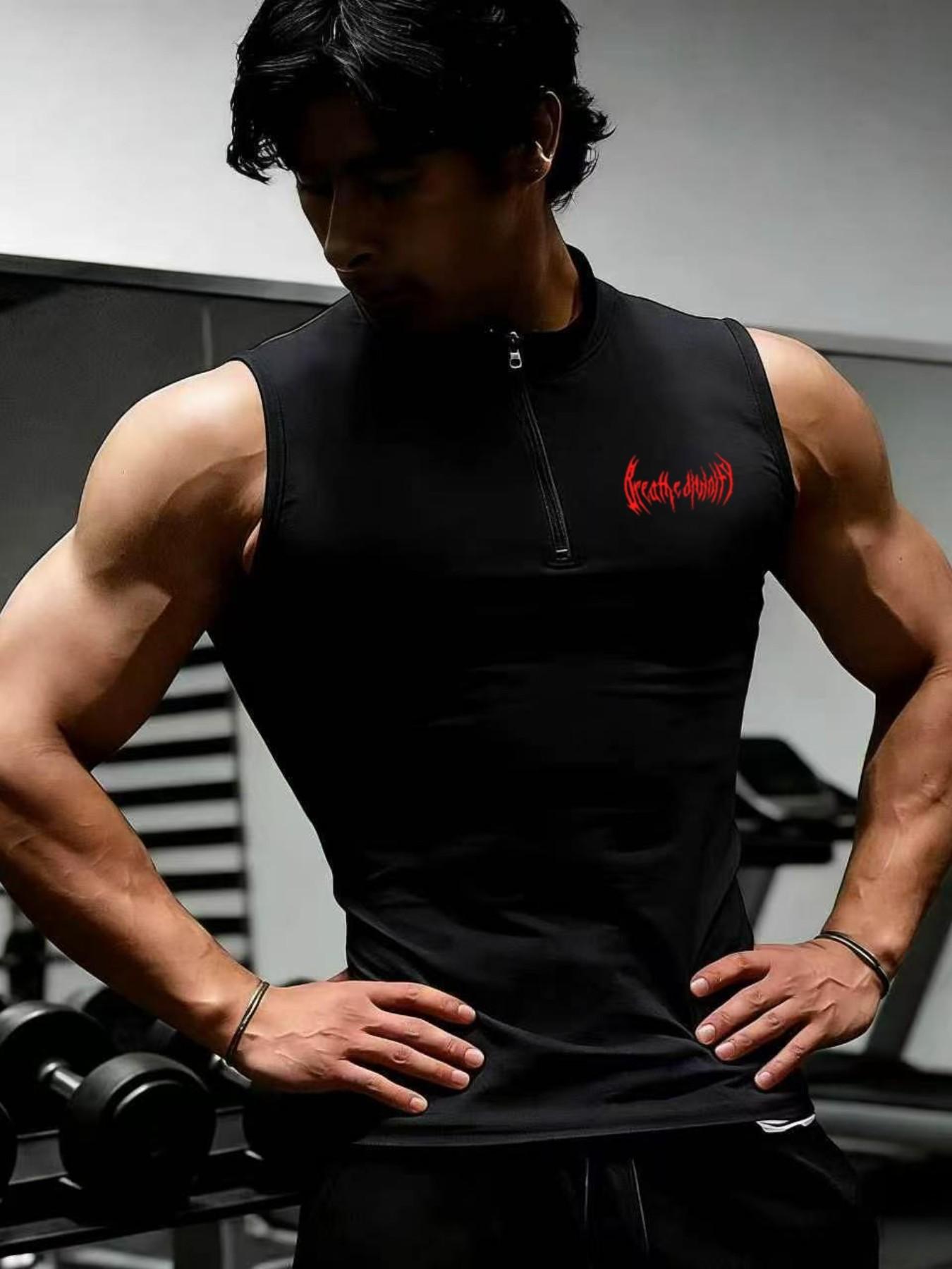 Viral Death Metal Print Compression Tank Top | Men's Half Zip Gym Stringer | TikTok Trendy Bodybuilding Apparel