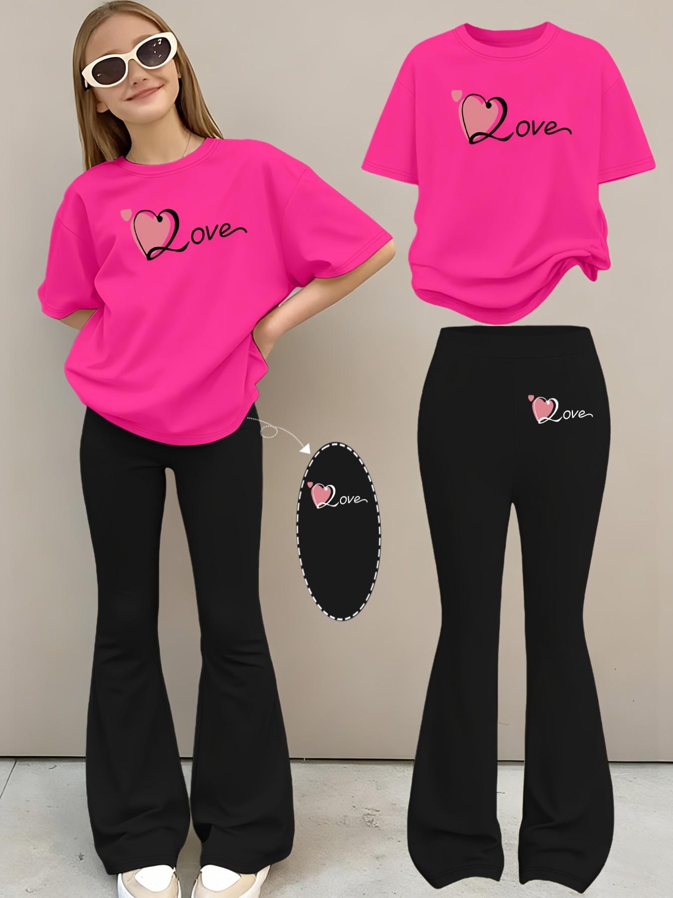 2pcs Girls' Summer Fashion Print Short Sleeve T-Shirt + Elastic Bell Pants Set, Casual Fitted for All Seasons, Outdoor Wear