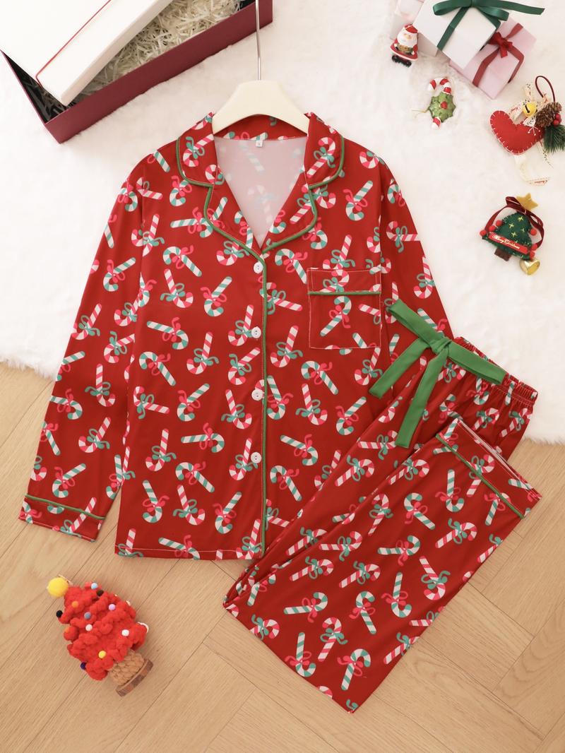 2-piece Pajama Set Butterfly Knot Candy Cane Halloween Soft and Comfortable Top Small Pocket Butterfly Knot Tightening with Elastic Pants Belt Suitable for Four Seasons Home Regular Wear Holiday Pajama Clothing