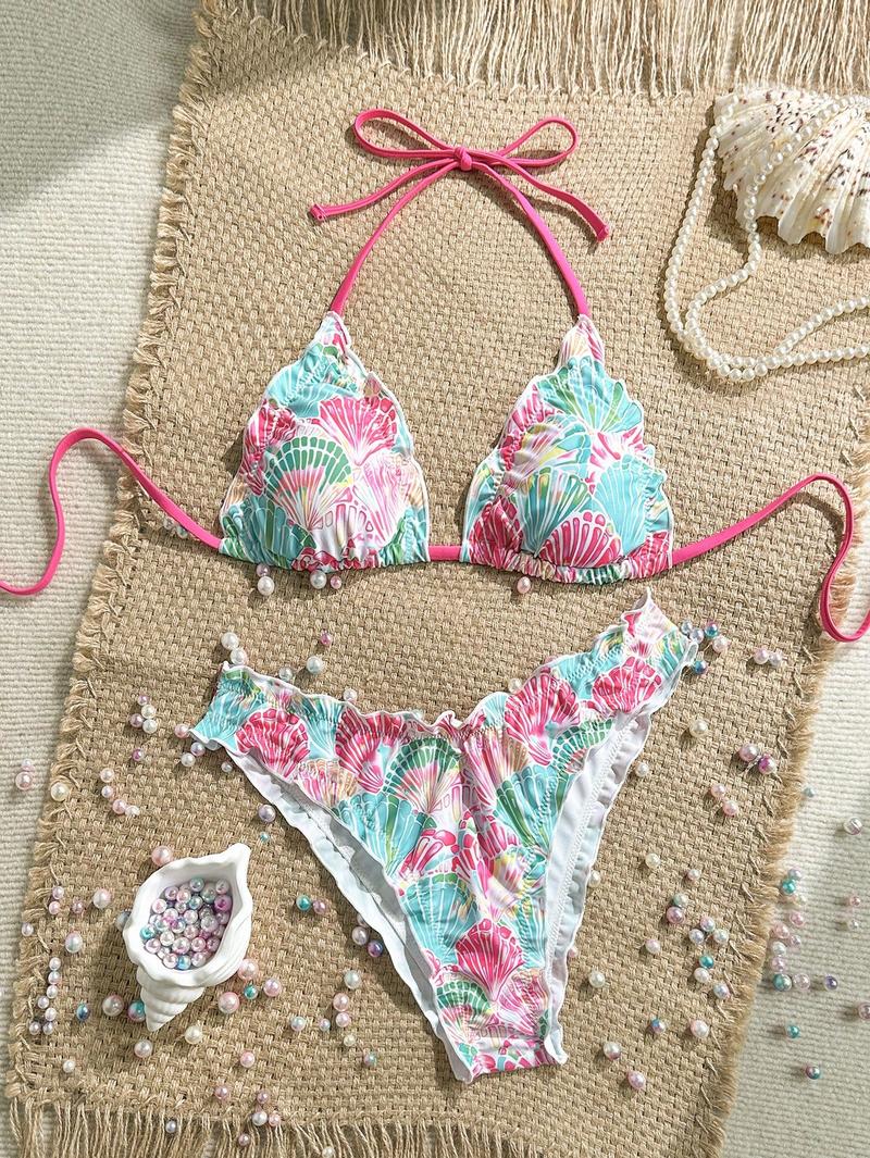 Women's Triangle Bikini Set Ruffles Spaghetti Strap High Cut Ruffle Trim Swimsuit Ditsy Floral Lace Up Two Piece Bathing Suits