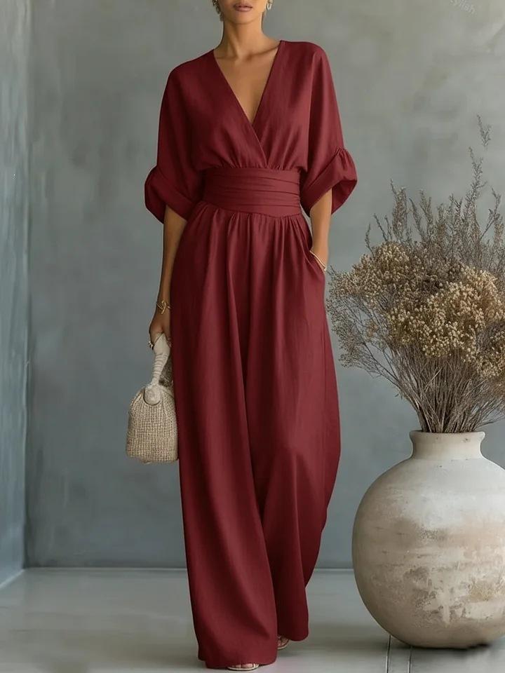European and American new Amazon solid color elegant waist cinched V-neck temperament women's jumpsuit for women