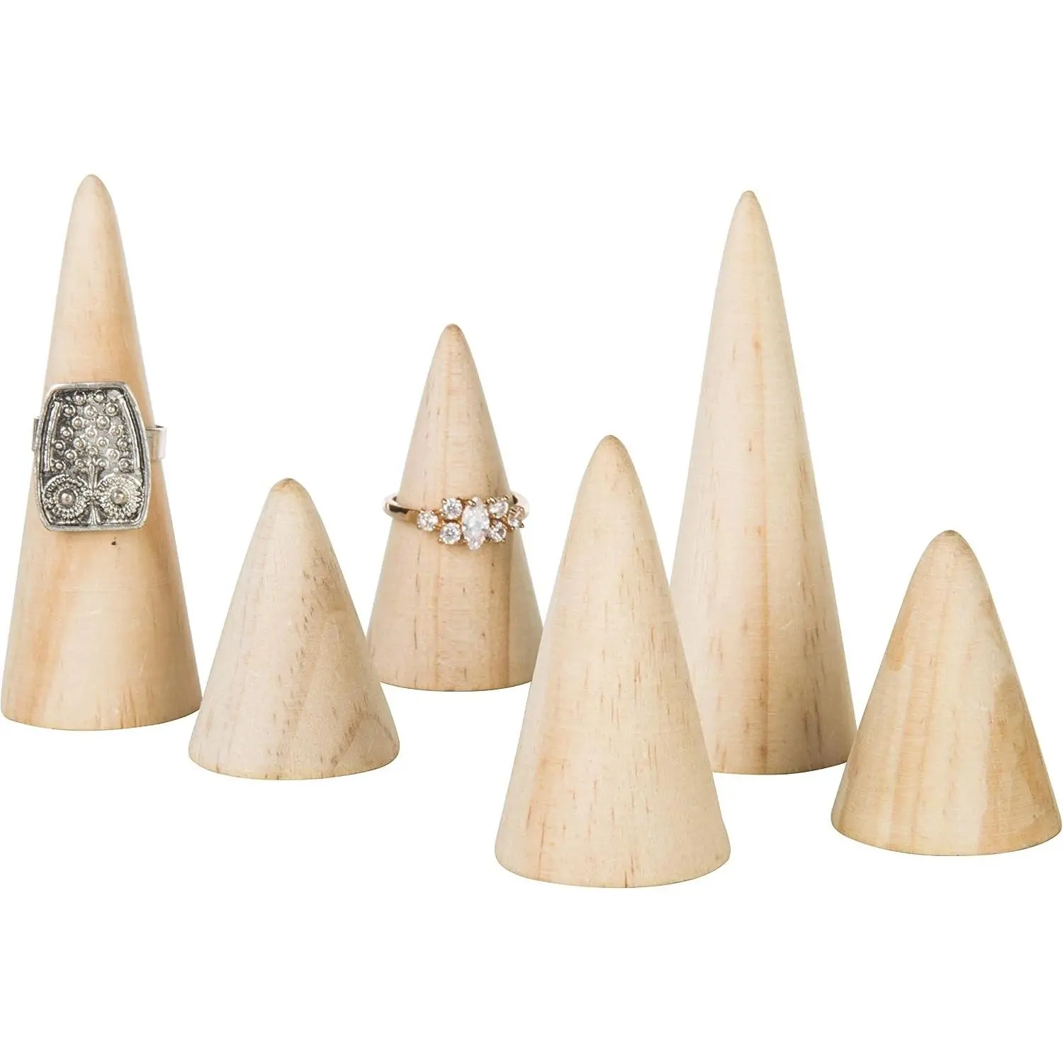 Wooden Ring Holder Set of 6 - Natural Wood Engagement & Wedding Jewelry Display Cone for Women, Men - Modern Triangular Freestanding Ring Organizer for Vanity, Retail (3 Sizes)