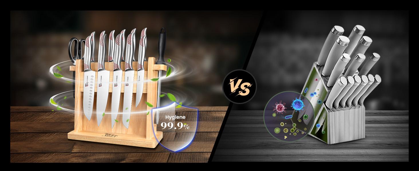 【TikTokShopSpringGlowUp】 SYOKAMI Kitchen Knife Set, 14 Pieces Japanese Style Knife Block Set with Magnetic Holder, High Carbon Stainless Steel Ultra Sharp Knives for kitchen with Ergonomic Handle and Sharpener, Black Dot, Mother's Day Gift