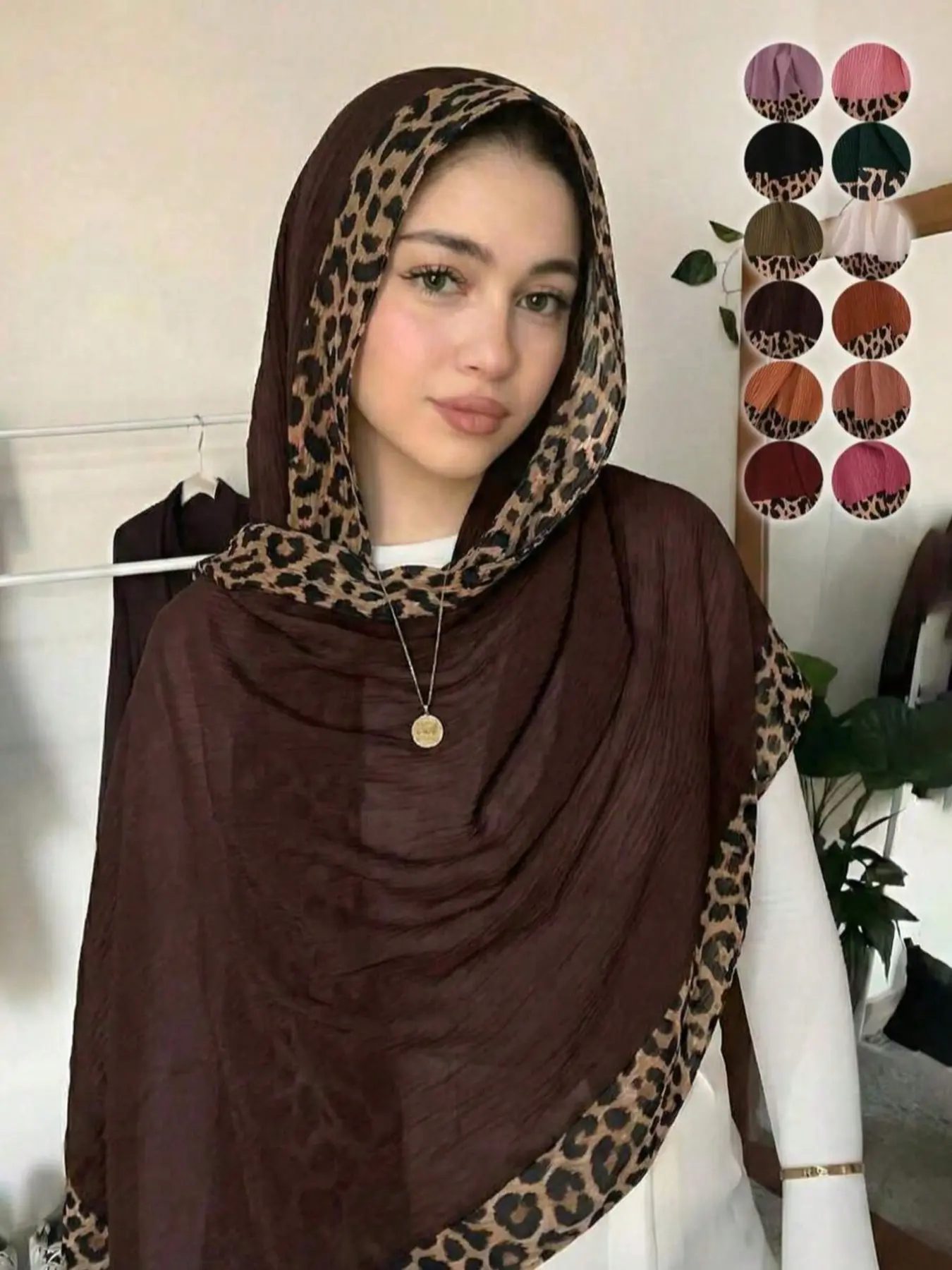 1pc Boho Women Solid Color Hijab with Leopard Print Border Pleated Details, Versatile Scarf Headwrap Shawl Cape, Sunscreen Windproof Gift