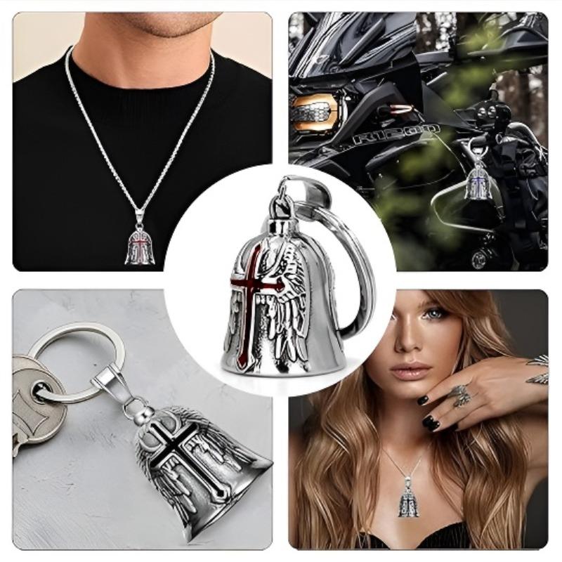 Punk Retro Men's Motorcycle Style Angel Necklace, Bell Drop Cross Pendant, Feather Wings Design, Vintage Fashion Jewelry