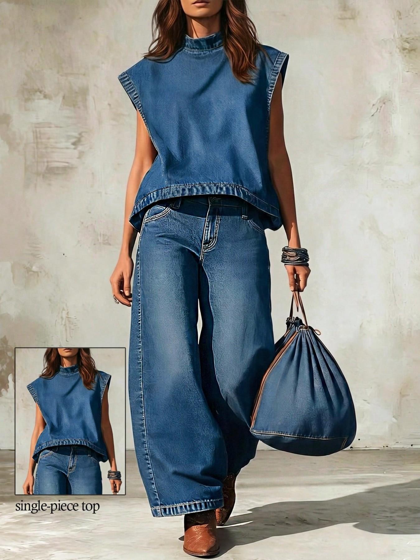 Women's Stand Collar Sleeveless Loose Fit Denim Top, Perfect for Summer Daily Wear, Casual Fashion Shirt