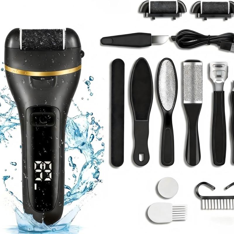 Electric Foot Exfoliator Kit, Rechargeable Nail Care Tool, 3 Rollers, 2 Speeds, Battery Display, Removes Dry Heels, Calluses, Dead Skin