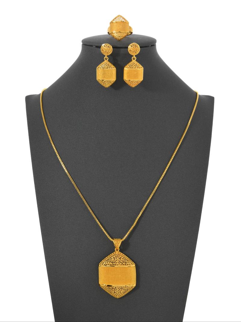 24k Gold Plated Jewelry Set, 4 Piece Gift Box House Shaped Copper Wedding Banquet Jewelry, Women's Necklace Earrings Ring Valentine's Day Gift, Matching Jewelry Set