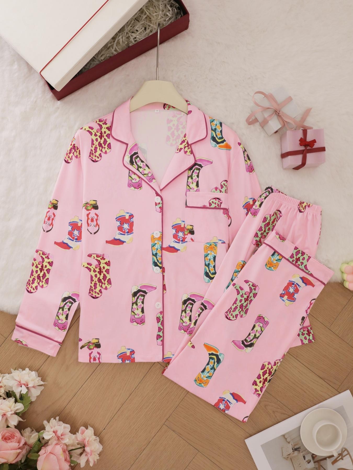 Women's Shoes Print Top & Pants Pyjama Set, Casual Comfy Long Sleeve Lapel Neck Top & Trousers Pyjama Set, Ladies Sleepwear for Spring & Fall, Casual Comfy Pajama