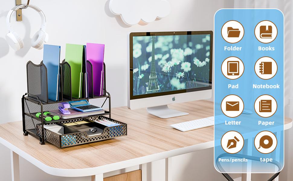 Simple Trending Mesh Desk File Organizer, Office Supplies Desktop Storage with Sliding Drawer, Double Tray and 5 Upright Section Sorter Organizer, for Office, Home, Black