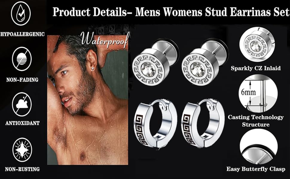 15Pairs Mens Earrings - Stainless Steel Silver Black Stud, Zirconia Hoop & Dangle Earrings Set - Hypoallergenic for Men & Women 15Pairs Mens Earrings - Stainless Steel Silver Black Stud, Zirconia Hoop & Dangle Earrings Set - Hypoallergenic for Men & Women