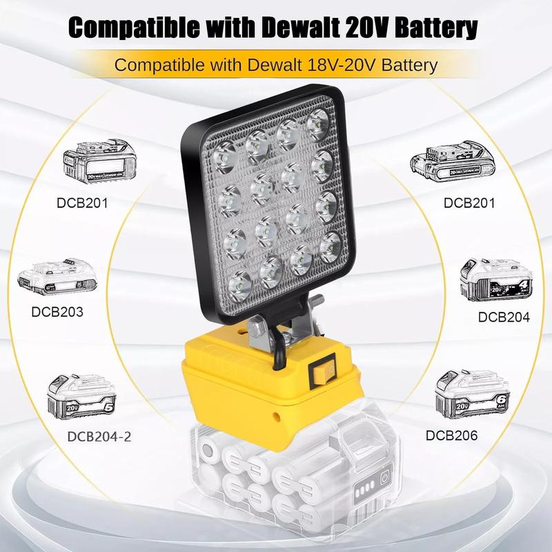 KUNLUN Cordless LED Work Light for De Walt 20V Battery, 4800LM Portable Flood Light with USB Charging, 140° Adjustable Head for Jobsite & Outdoor Use (Battery not included) Power ,Luminous Flux, Lamp Beads ,Diy Projects