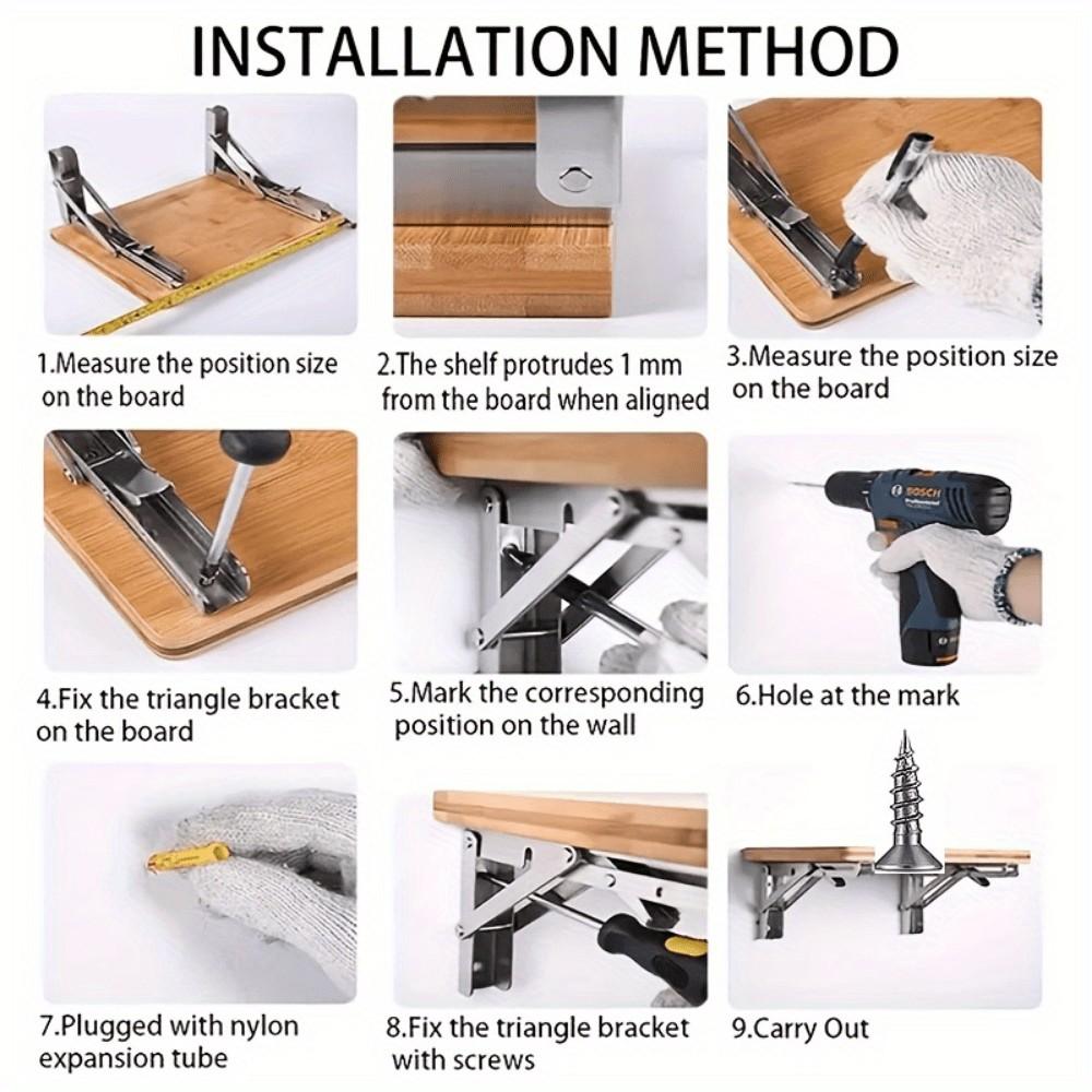 Heavy Duty Adjustable Wall Mount Shelf Brackets Set of 2, Foldable Rust-Proof Space Saving Kitchen Storage Rack, Industrial Grade Expandable Tool Shelf Board for Indoor Outdoor Home Organization