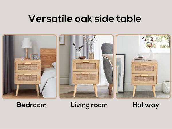 VOWNER Rattan Nightstand, End Table with 2 Drawers and Solid Wood Legs, Side Table with Storage for Bedroom, Easy Assembly Night Stand for Kids Room