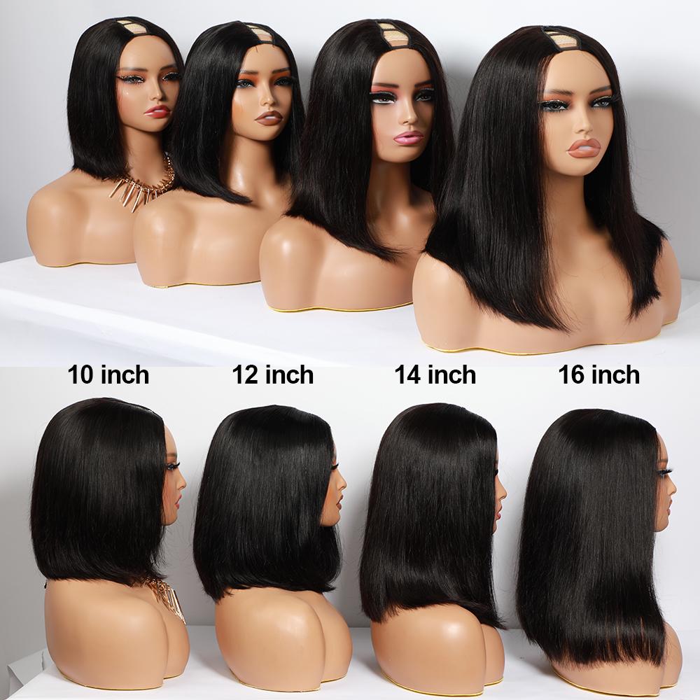 VIPbeauty Straight V Part Bob Wig Human Hair Glueless No Leave Out Upgraded U Part Wig For Women 10-16 Inch Short Human Hair Brazilian Raw Hair 1B Natural Black Color 150%