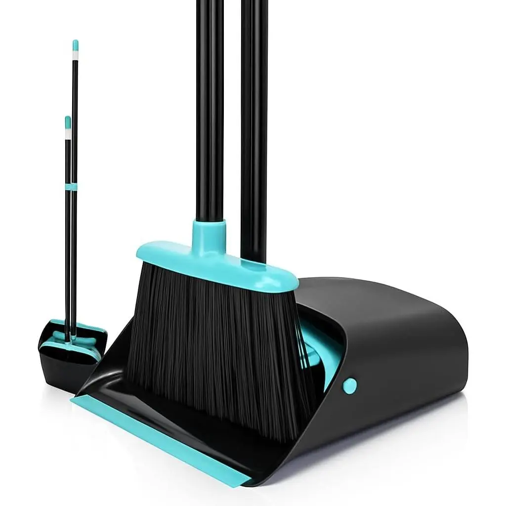 Stainless Upgrade Broom and Dustpan Combo Set - 52" Adjustable Comfortable Handle Broom, Rubber Self-Cleaning Dustpan, Recycled Material Room Accessories for Indoor/Kitchen Use