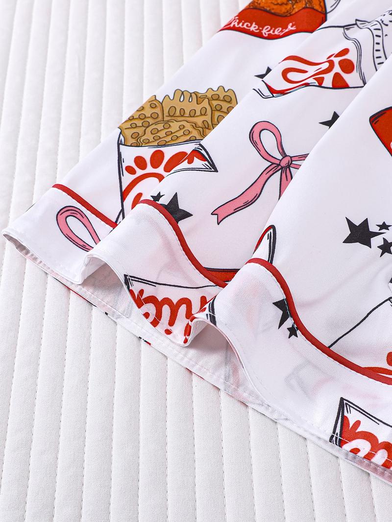 2-Piece Spring/Summer Set: Full-body Fries, Fried Chicken, Bow, Star, Beverage Print Short Sleeve Shorts - Soft & Comfortable Top with Small Pockets, Turned-Down Collar, Elastic Waistband - Suitable for Year-Round Home, Casual, Everyday Wear, Sleepwear