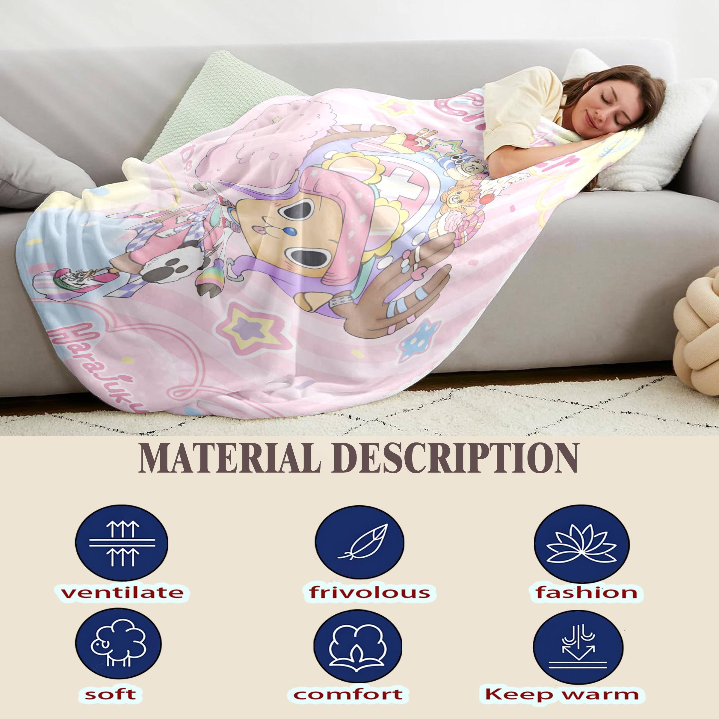 One Piece Chopper Harajuku Throw Blanket (Kawaii Street Fashion Design) - Tony Tony Chopper & Harajuku Motif Prints, Skin-Friendly & Machine Washable, High-Grade Plush & Double Warmth, Multi-Scene Use, Perfect Gift for One Piece Fans