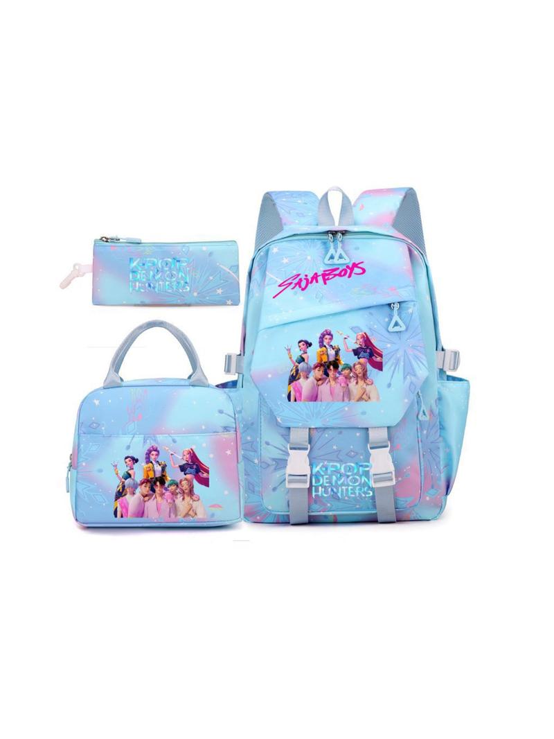 New K-Pop Demon Hunters Cartoon Print Backpack Set, Fashionable Breathable Waterproof Dual-Shoulder Bag, Lightweight Travel Bag for Students, Backpack for School