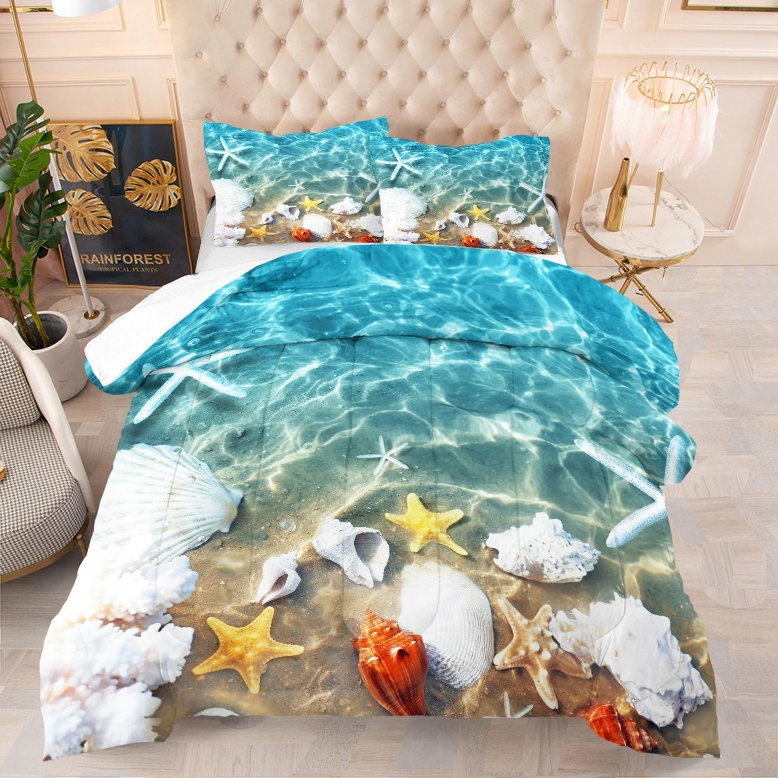 3pcs Bedding Set with Quilt and Pillowcase, Starfish and Shell Print, Comfortable and Breathable, Suitable for Adults, Teens, Kids
