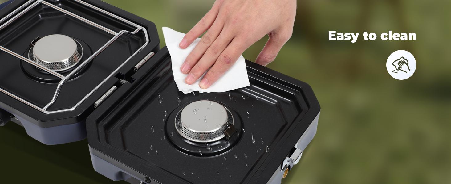 SCITOO 2 Burner Folding Camping Stove with Griddle, Portable Camp Isobutane Gas Stove with 16000 BTU Adjustable Burners & Piezo Ignition wind proof