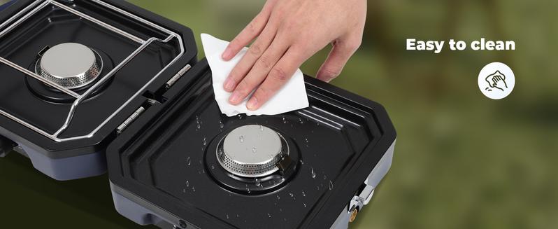 SCITOO 2 Burner Folding Camping Stove with Griddle, Portable Camp Isobutane Gas Stove with 16000 BTU Adjustable Burners & Piezo Ignition wind proof