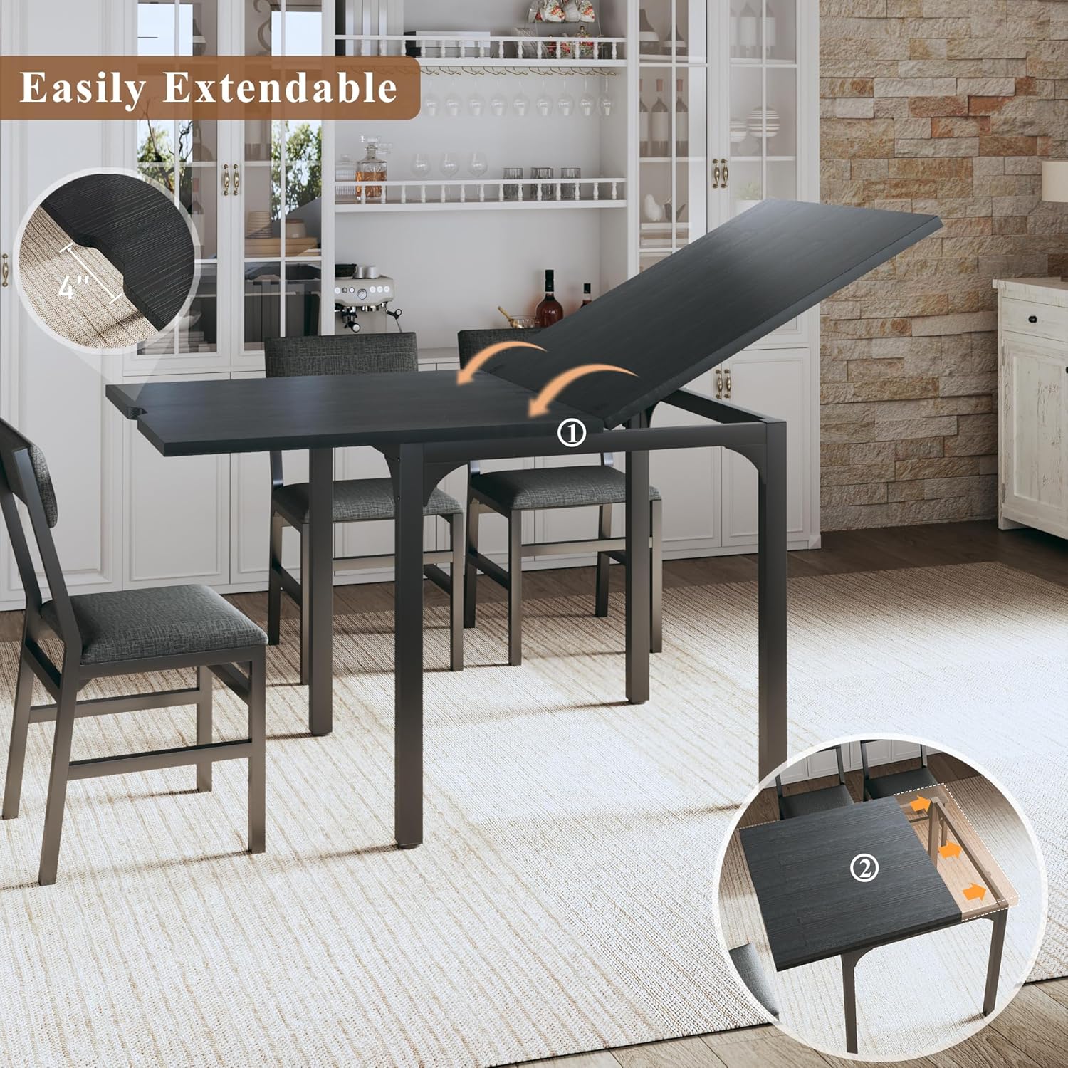 7-Piece Dining Table Set for 4-6, Extendable Kitchen Table Cushion Chairs Set of 6 with 6 Chairs, Rectangle Dining Table with Metal Frame & MDF Board, Folding for Small Apartment Saving Space, Black 7-Piece Dining Table Set for 4-6, Extendable Kitchen Table Cushion Chairs Set of 6 with 6 Chairs, Rectangle Dining Table with Metal Frame & MDF Board, Folding for Small Apartment Saving Space, Black