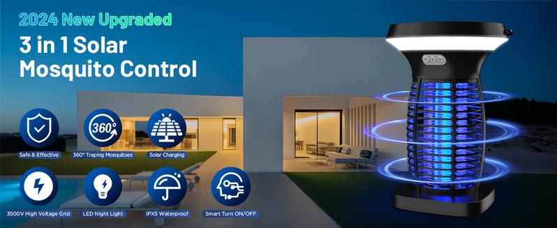 Solar Bug Zapper, 3-in-1 Mosquito Zapper with Camping Lantern, Cordless Bug Zapper for Outdoor and Indoor, Battery Powered Fly Zapper, Waterproof Mosquito Killer for Patio, Home, Backyard, Camping#fathersdaygifts