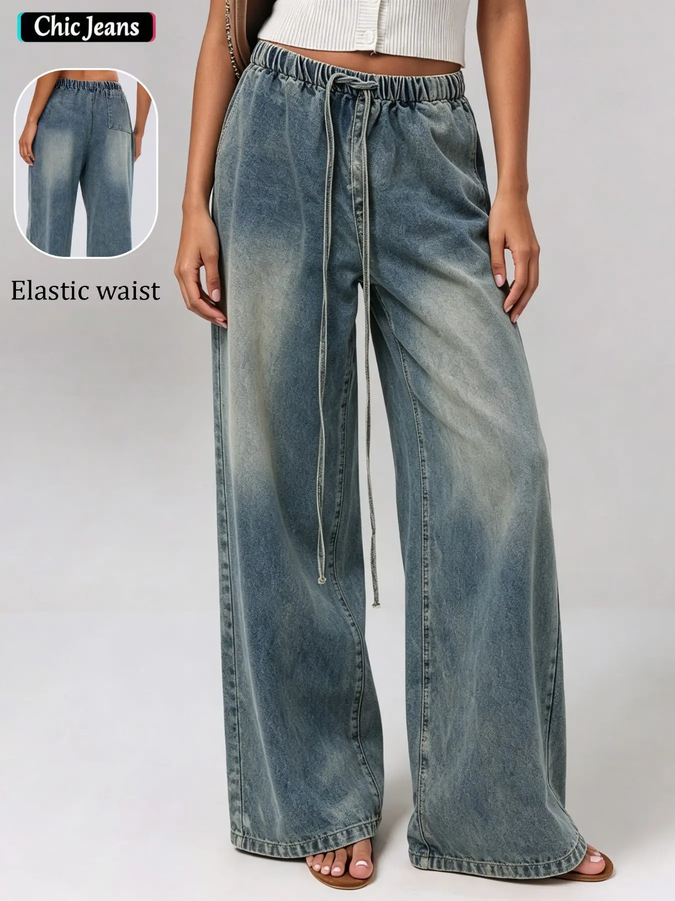 Women's Vintage Distressed Elastic Waist Drawstring Loose Jeans, Wide Leg Design, Perfect for Daily Commute, Street Style, Casual Wear, Vacation