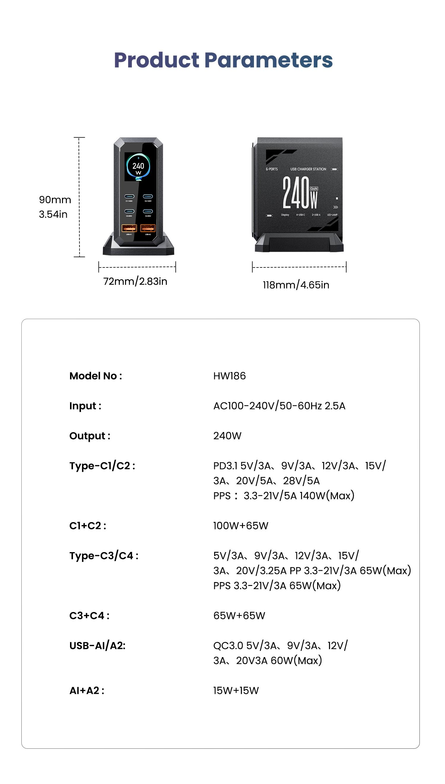 ASOMETECH 240W Digital USB C GaN Charger 6 Ports Desktop Charging Station, PD 3.1 140W USB C Fast Charger Block for MacBook Pro/Air, DELL, Laptop,Fast Charger Power Adapter for iPhone 17 pro max,Samsung Cellphone,iPad,Black