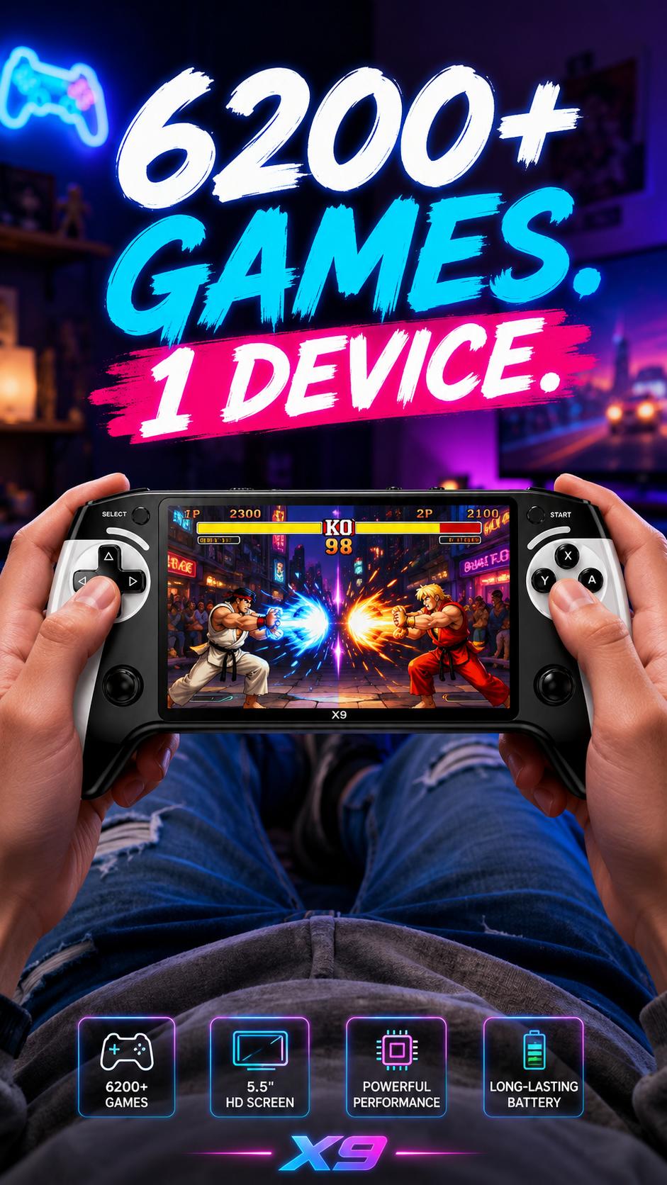 X9 Retro Handheld Game Console with 5.5-inch HD IPS Eye-Protection Screen, Retro Gaming Console with TXT E-Book, Linux System, TV Output, 6200+ Games, External Gamepad, Music, 2000mAh Handheld Console