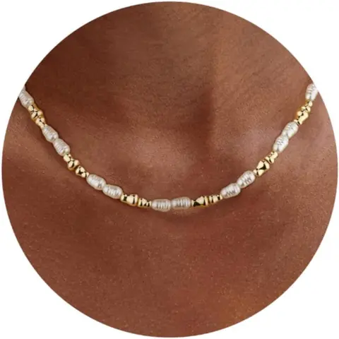 CASSIECA Adjustable Pearl Necklace for Women 40cm Alloy Chain, 4x6mm Irregular Freshwater White Pearl Choker, Unisex Costume Jewelry Gift for Weddings, Bead Necklaces, Dainty Necklaces Sohochic