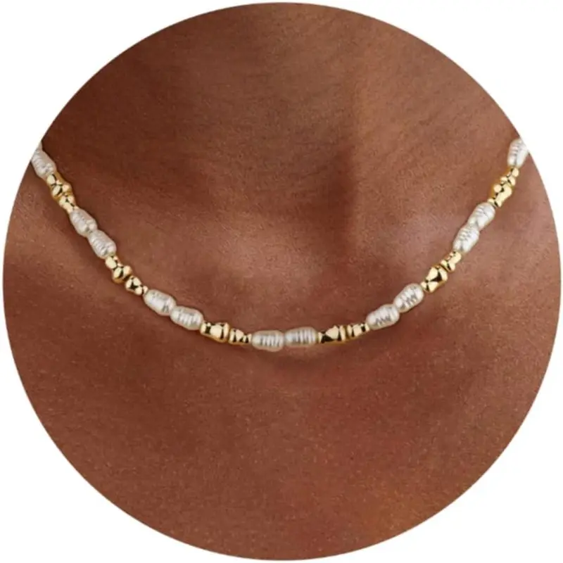 CASSIECA Adjustable Pearl Necklace for Women 40cm Alloy Chain, 4x6mm Irregular Freshwater White Pearl Choker, Unisex Costume Jewelry Gift for Weddings, Bead Necklaces, Dainty Necklaces Sohochic