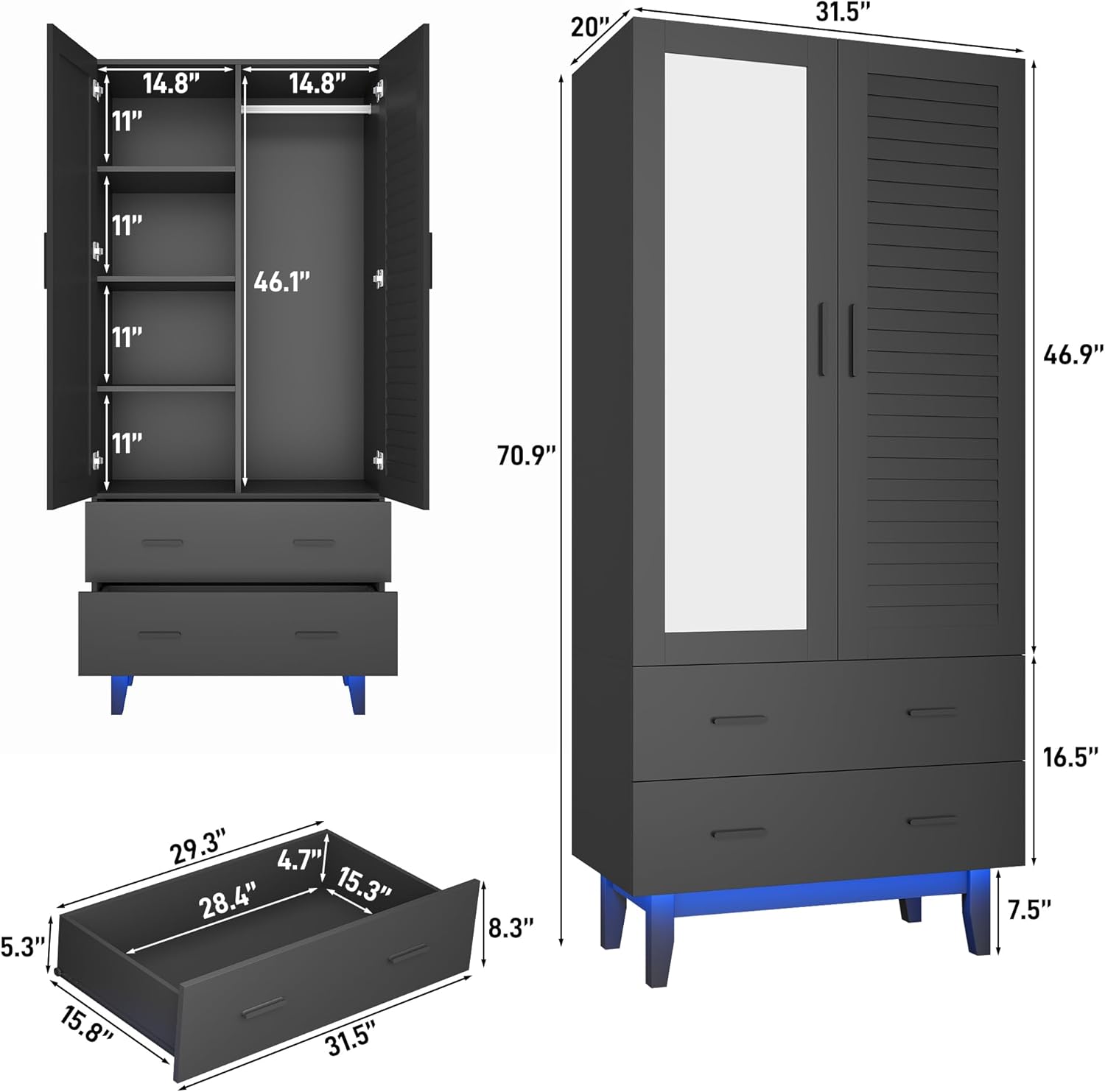 2/3/4 Door Armoire Wardrobe Closet Cabinet with Drawers and LED Lights, Multi-Tier Shelves, Hanging Rod & Louver Doors, Large Capacity Storage Wardrobe Armoire for Bedroom(Black/white)