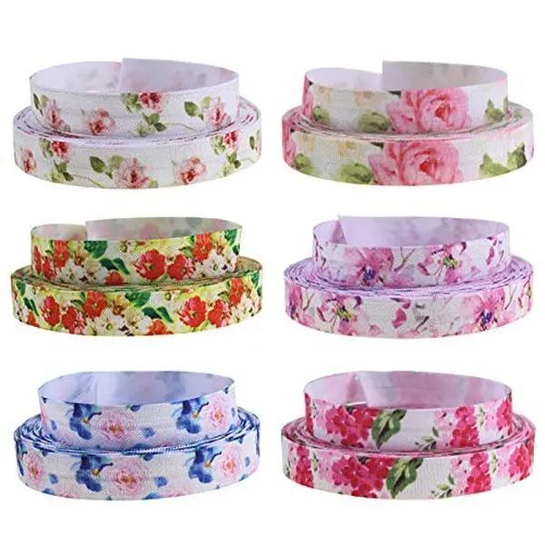 30 Yards Fold Over Elastic Floral Stretch FOE Elastics For Hair Tie Headband 5/8" 15mm Ribbon Elastics,6 Colors, 5 Yards Each