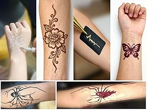 191 Pcs Temporary Tattoo Stencils Kit with 6 Tattoo Cones (2 Black, 2 Brown, 2 Dark Red), White Tattoo Outline Pen, Cotton Swabs & Towel| Perfect for Adults, Teens, Beginners, Family Fun & Parties