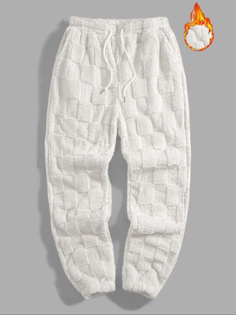 Men's Sport Pants, Two-Sided Fleece Jacquard Plaid Casual Long Pants, Pockets, Men's Warm Leisure Sports Pants, Soft Comfy Sweatpants