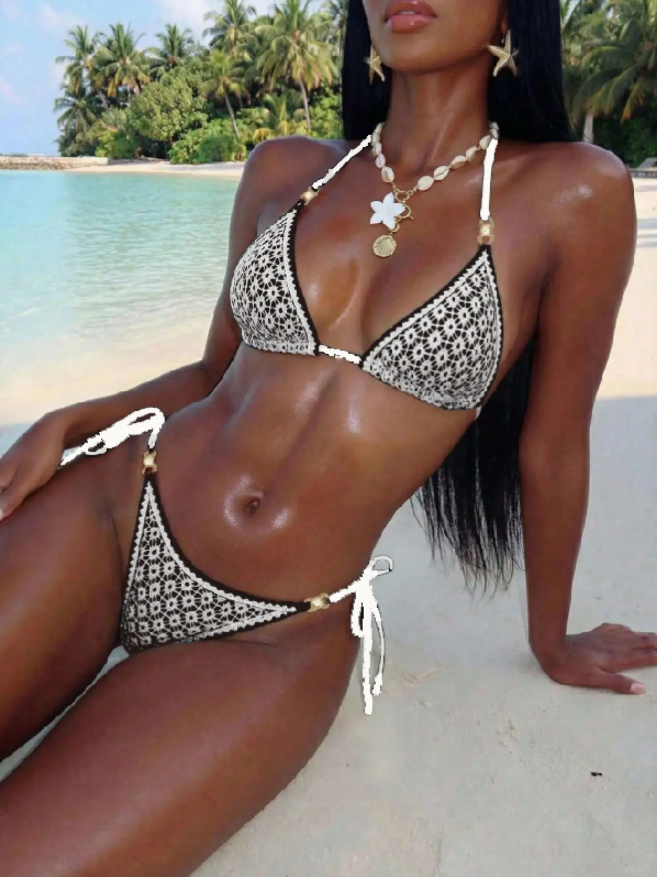 Vintage Brown and White Crochet Triangle Halter Bikini Set, Bikini Swimsuit Outfit, Bohemian Neutral-Tone Two-Piece Bathing Suit with Side-Tie High-Cut Bottoms and Gold Shell Accents, Breathable Quick-Dry Crochet Swimwear for Summer Beach and Resort