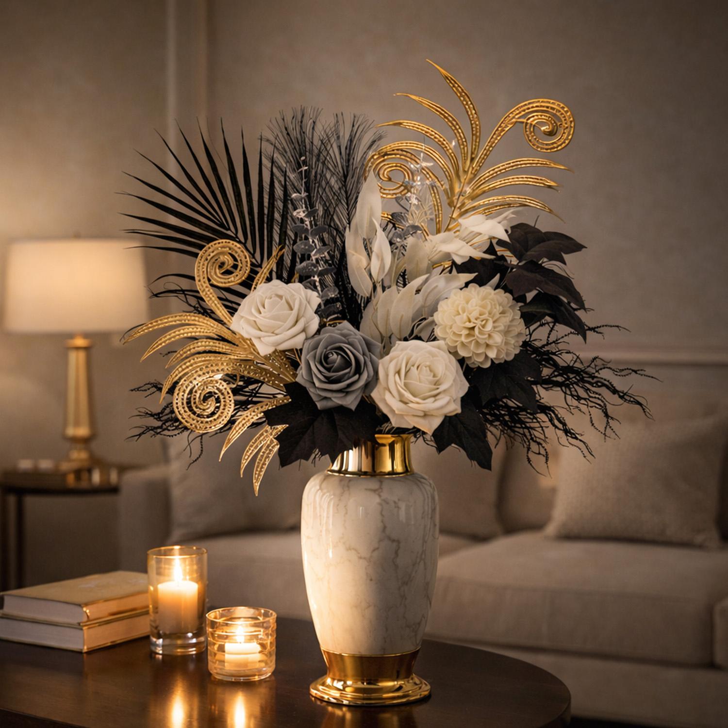 Mixed Floral Arrangement with Roses, Hydrangeas, Willow Leaves, Palm, Eucalyptus, Ideal for Home Decor, Wedding Bouquets, Table Settings