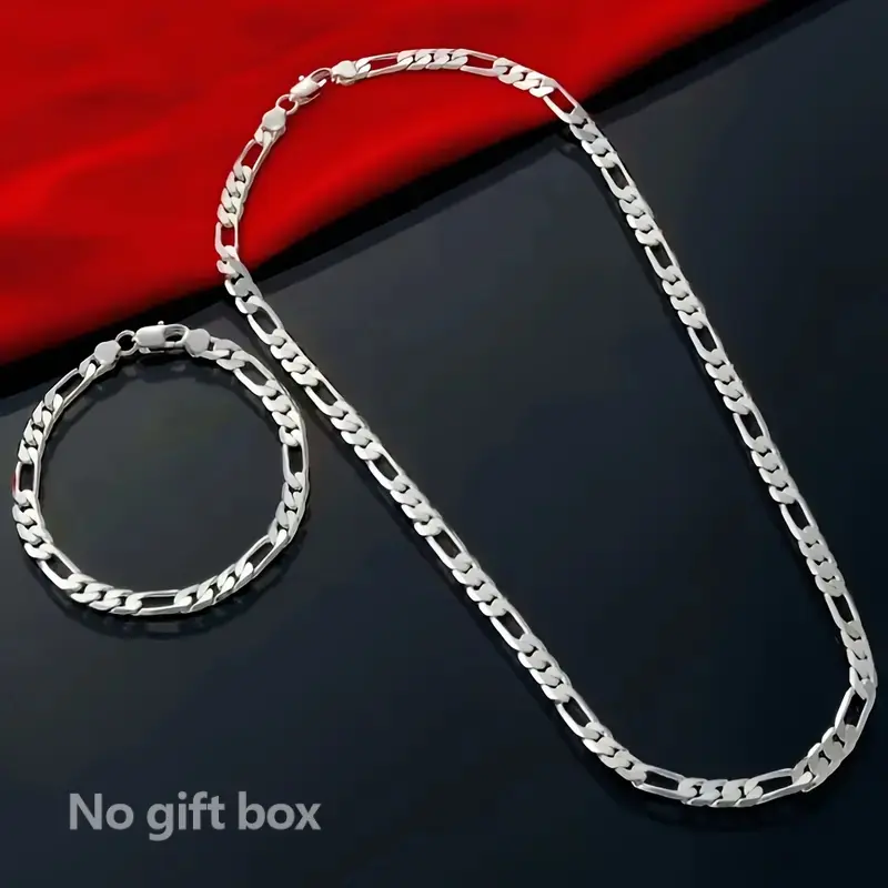 Skin-Safe  Silver Plated Chain Necklace - 4mm Triple Figaro Stackable Cuban Link, Unisex Casual Adult Jewelry, Durable, Hypoallergenic, Tarnish-Resistant, Fits From Brunch To Events, Elevates Parties Dinners, Ideal Gifts