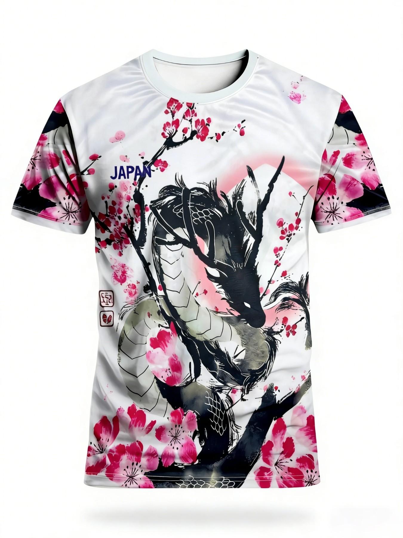 Men's Japanese Dragon Cherry Blossom Ink Wash Print T-Shirt, Asian Street Style Round Neck Short Sleeve Top, Sporty Loose Fit Geometric Pattern