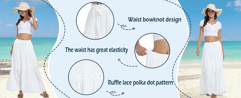White Maxi Skirt for Women Casual Elastic Waist A-Line Summer Boho Beach Long Skirts