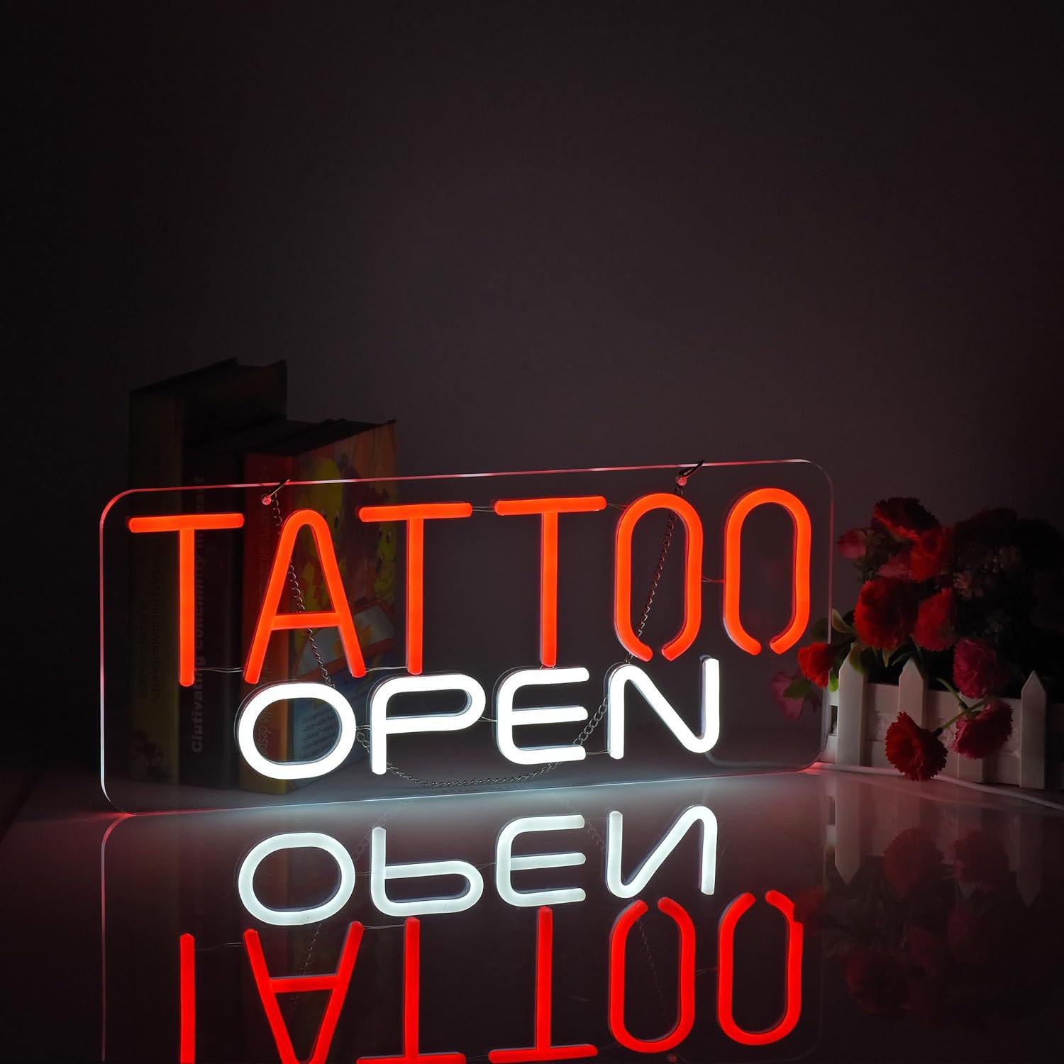 Open Neon Tattoo Sign Wall Decor, Adjustable USB Powered LED Sign for Salon Art Decoration, Bright Neon Sign for Bar Hotel Game Room