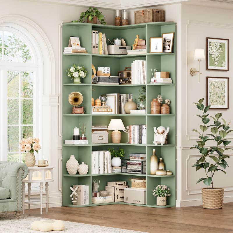 FOTOSOK 74'' Tall Corner Bookshelf, 6-Tier Bookshelf and Bookcase with Open Storage, L Shaped Tall Bookcases Wooden Storage Shelves for Home Office